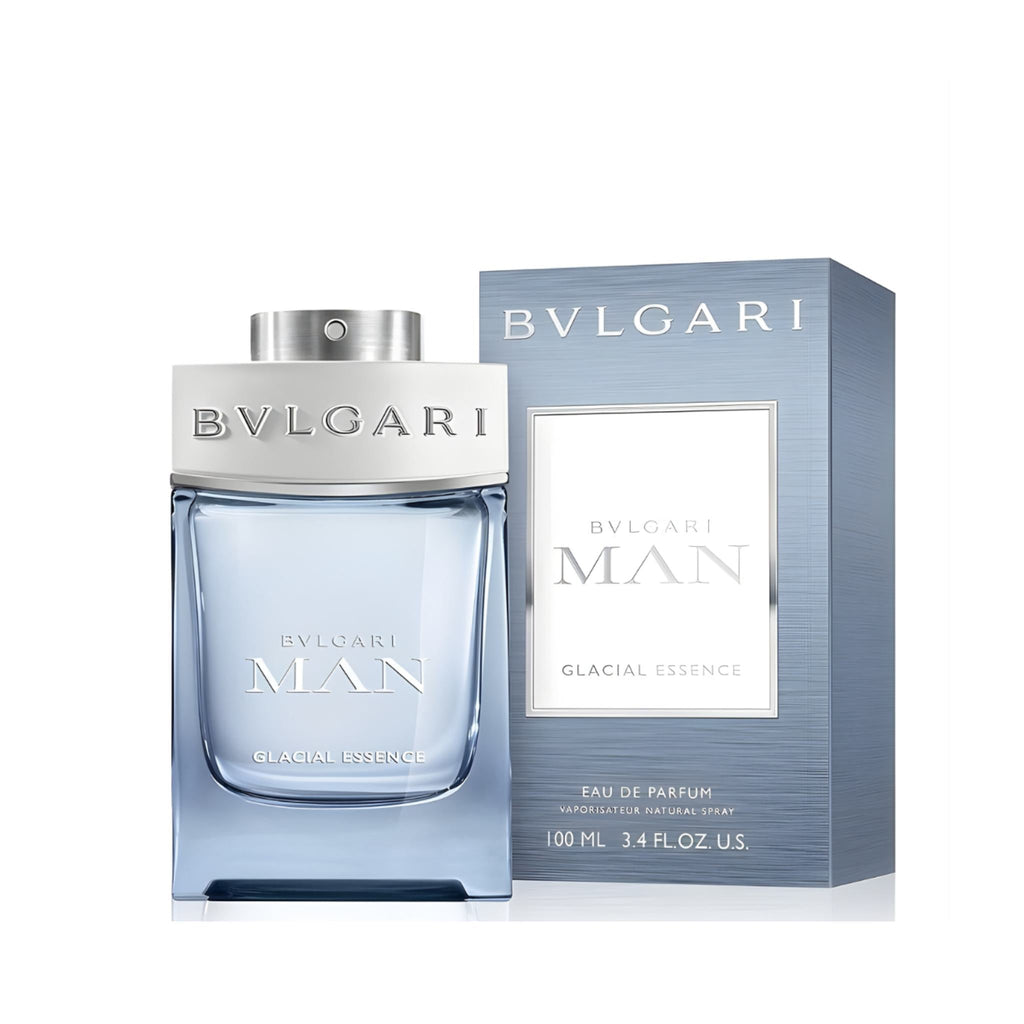 Refect Beauty Bvlgari Man Glacial Essence Eau de Parfum bottle and box with a cool blue icy mountain aesthetic