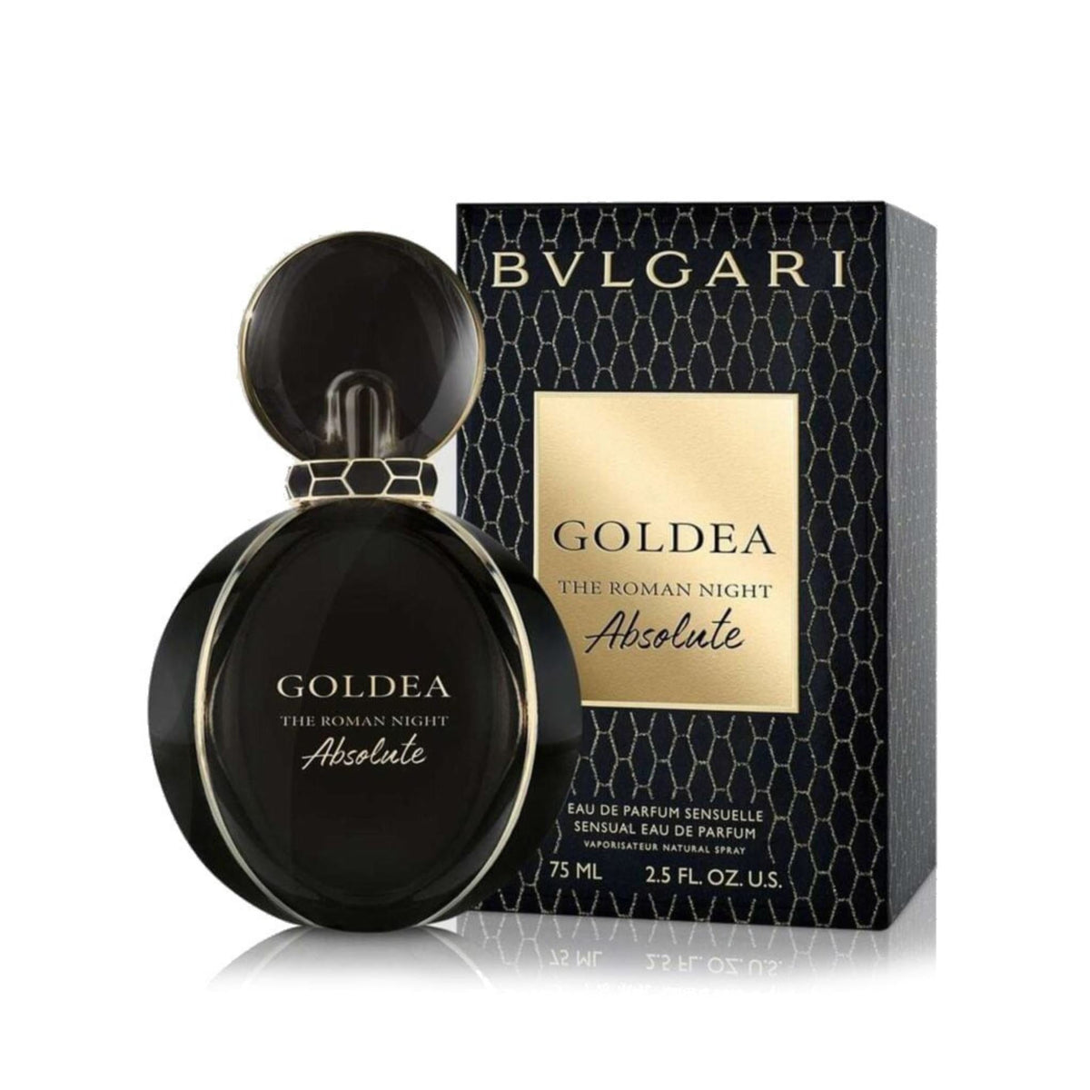Refect Beauty BVLGARI Goldea The Roman Night Absolute perfume bottle and matching black patterned box on white background