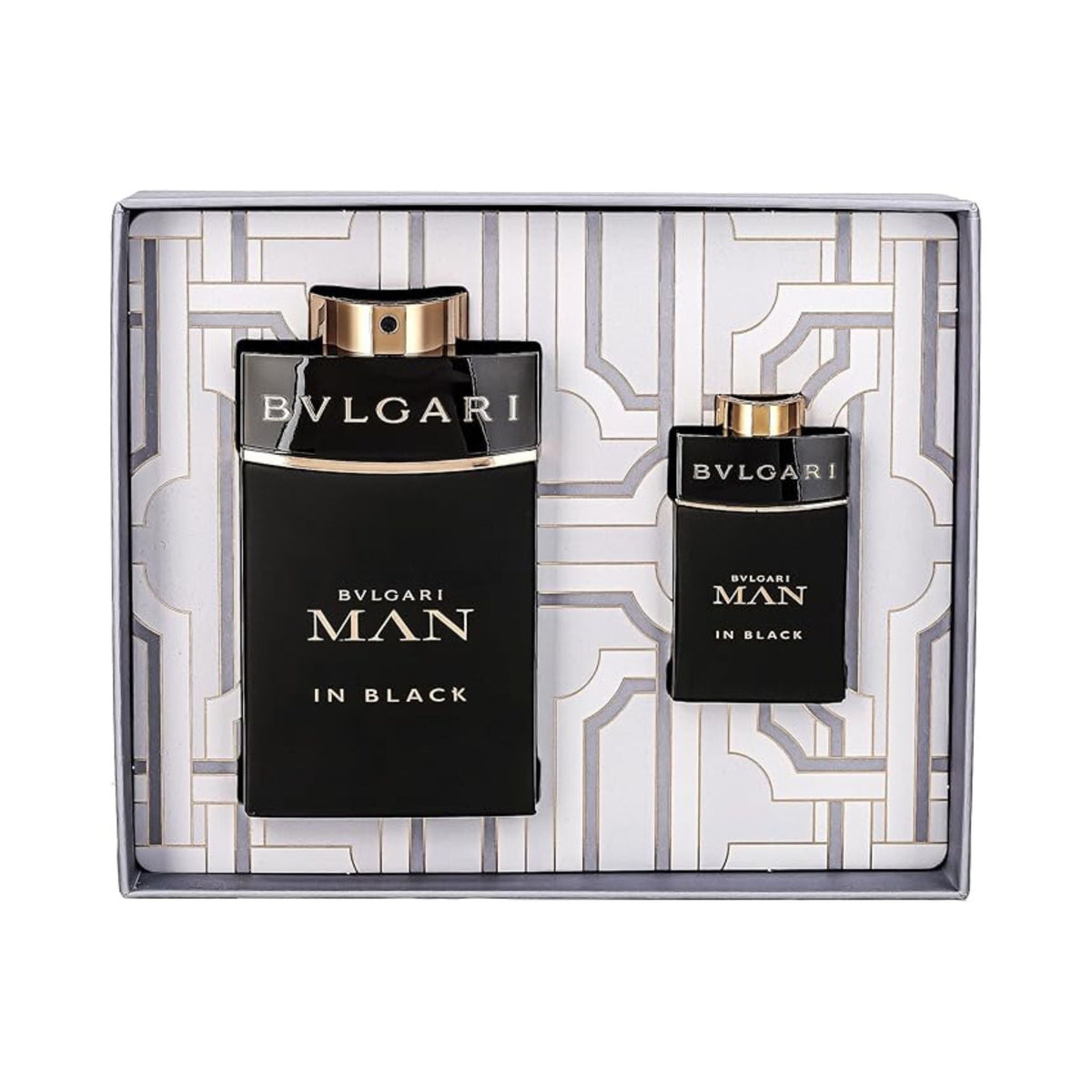 Refect Beauty Bvlgari Man In Black gift set featuring a 100ml eau de parfum bottle and 15ml travel spray in a box.