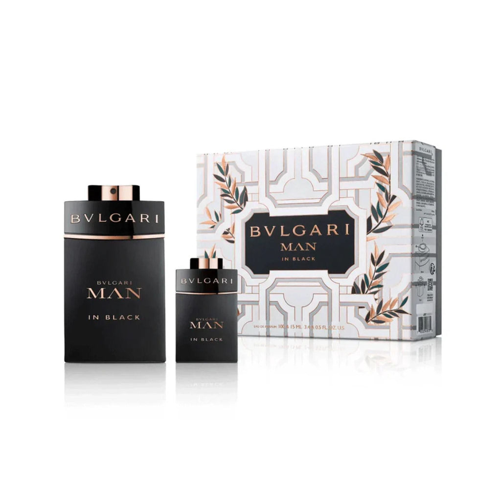Refect Beauty Bvlgari Man In Black gift set featuring a 100ml bottle, 15ml travel spray, and decorative box.