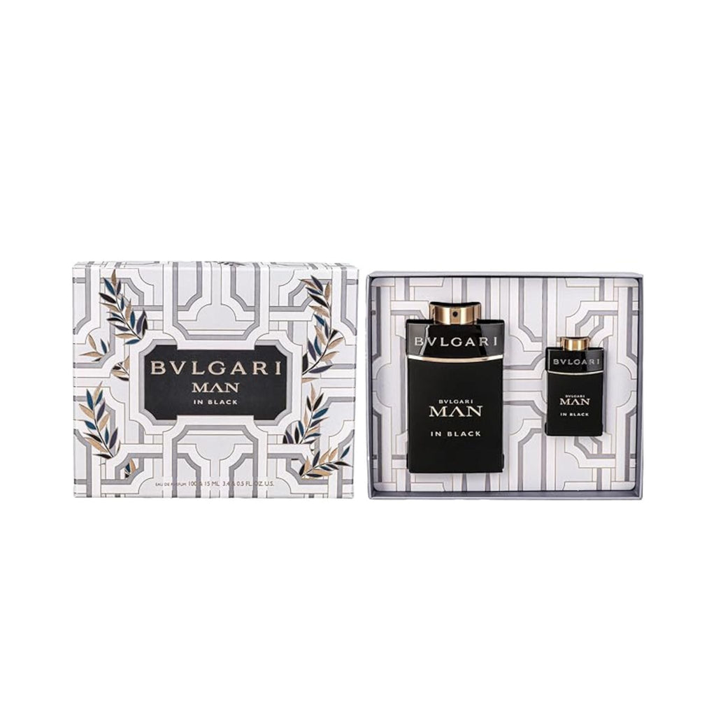 Refect Beauty Bvlgari Man In Black gift set featuring a 100ml perfume bottle and a 15ml travel spray in a box.