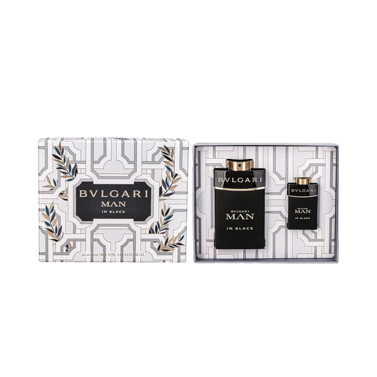 Refect Beauty Bvlgari Man In Black gift set featuring a 100ml perfume bottle and a 15ml travel spray in a box.