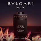 Refect Beauty Bvlgari Man In Black Parfum bottle in a dark, fiery setting with glowing flames at the base.