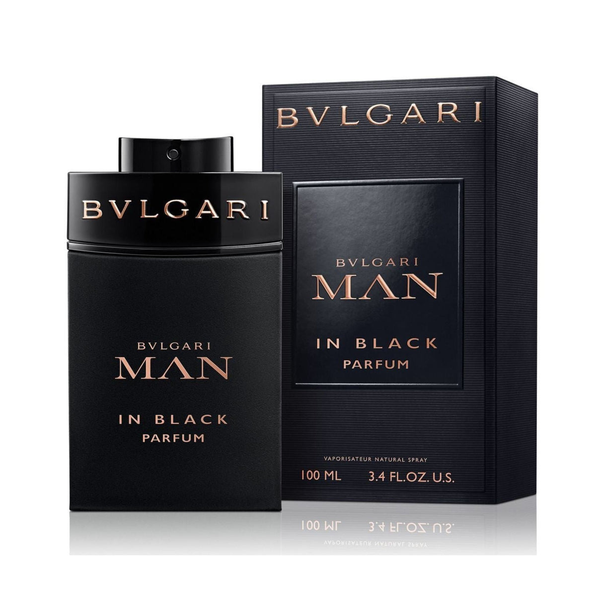Refect Beauty Bvlgari Man In Black Parfum 100ml bottle and black box packaging with rose gold lettering