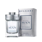 Refect Beauty Bvlgari Man Rain Essence Eau de Parfum bottle and silver box packaging with a fresh aquatic design