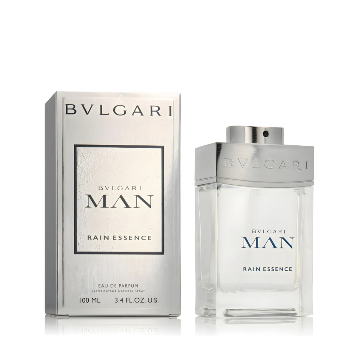 Refect Beauty Bvlgari Man Rain Essence Eau de Parfum bottle and silver box packaging with a clean modern design.