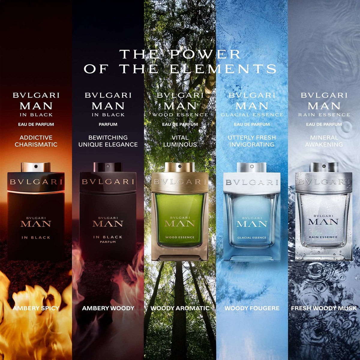 Refect Beauty Bvlgari Man Wood Essence Eau de Parfum bottle in a collection of five masculine fragrance scents