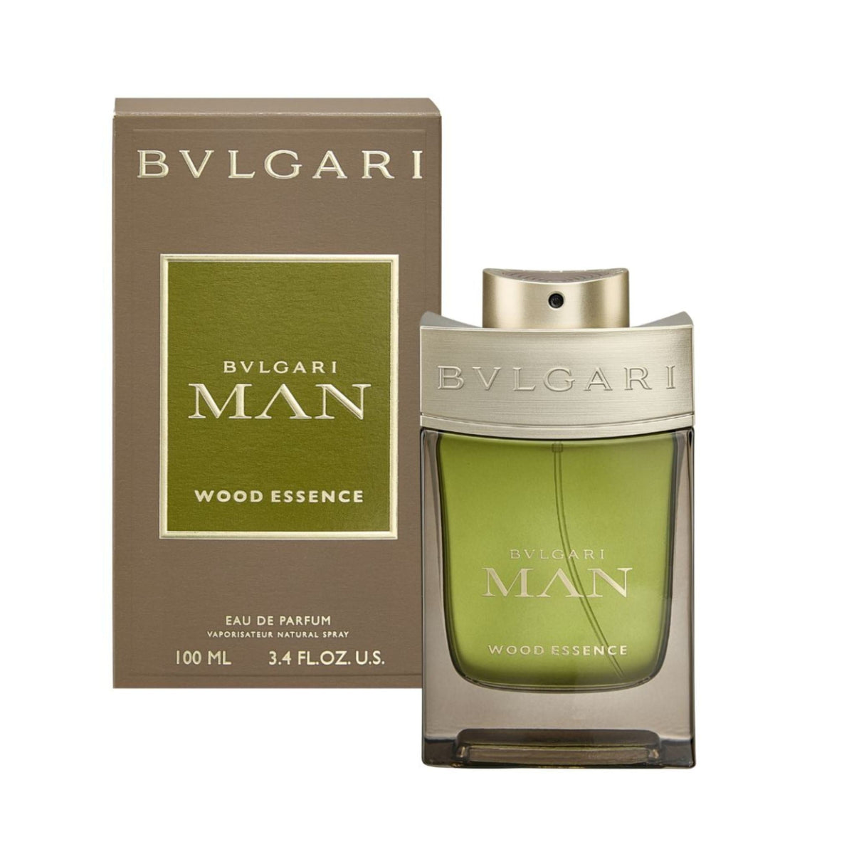 Refect Beauty Bvlgari Man Wood Essence Eau de Parfum bottle and box featuring green glass and metallic accents