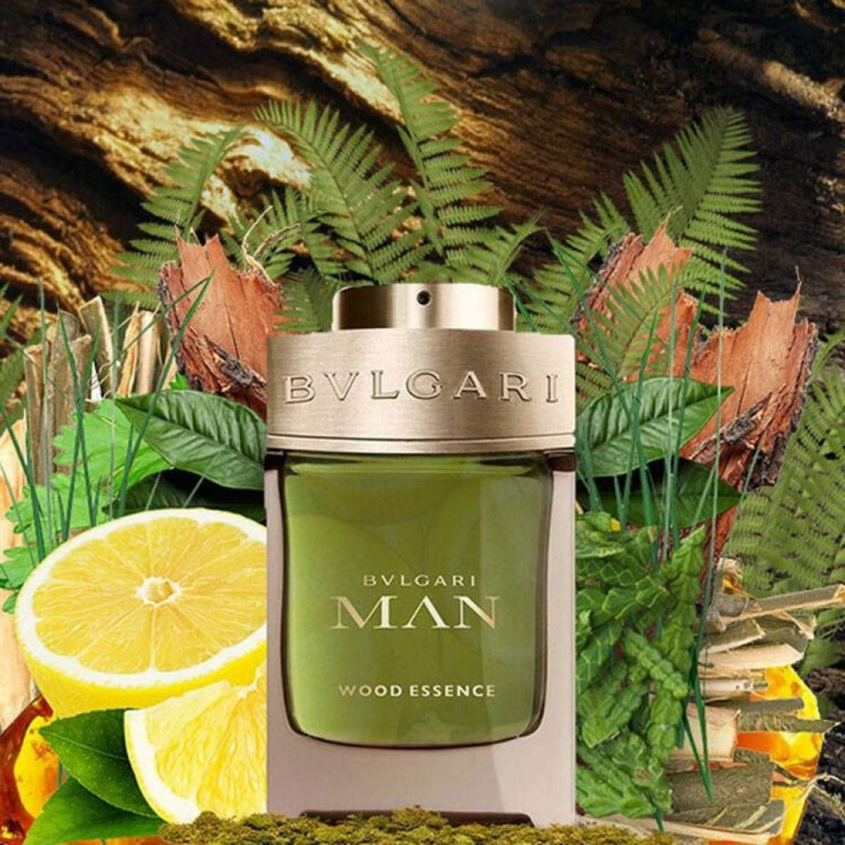 Refect Beauty Bvlgari Man Wood Essence Eau de Parfum bottle surrounded by fresh citrus, green leaves, and tree bark.
