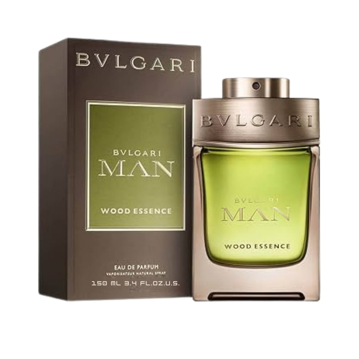 Refect Beauty Bvlgari Man Wood Essence Eau de Parfum bottle and box featuring green glass and metallic accents