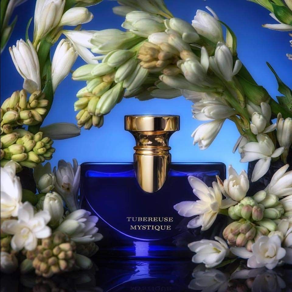 Refect Beauty Bvlgari Splendida Tubereuse Mystique perfume bottle surrounded by fresh white tuberose flowers