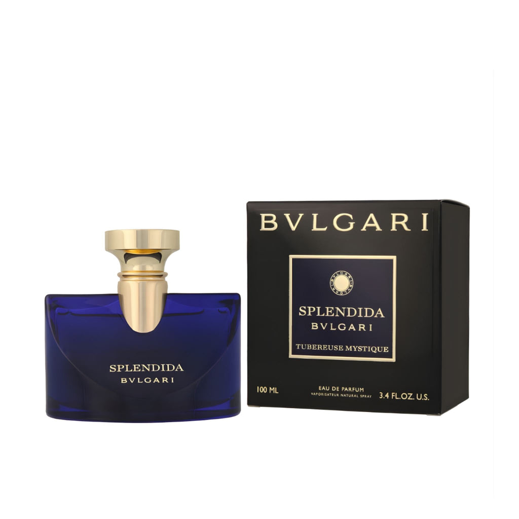 Refect Beauty Bvlgari Splendida Tubereuse Mystique eau de parfum in a deep blue glass bottle with its black box.