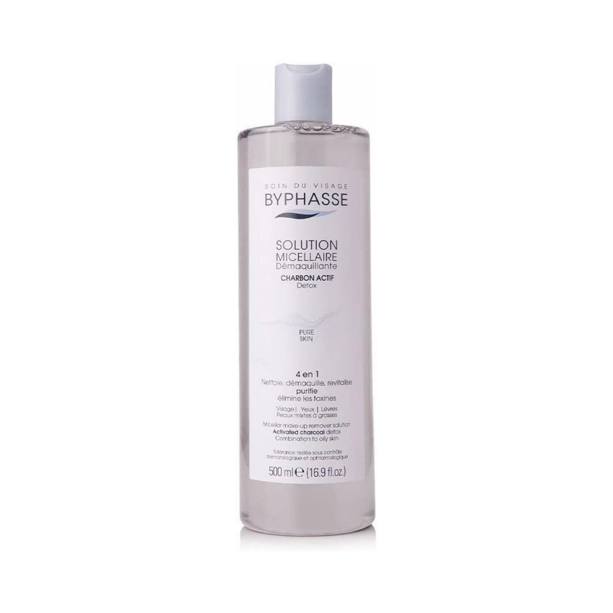 Refect Beauty Byphasse activated charcoal micellar makeup remover solution in a 500ml clear bottle for all skin types