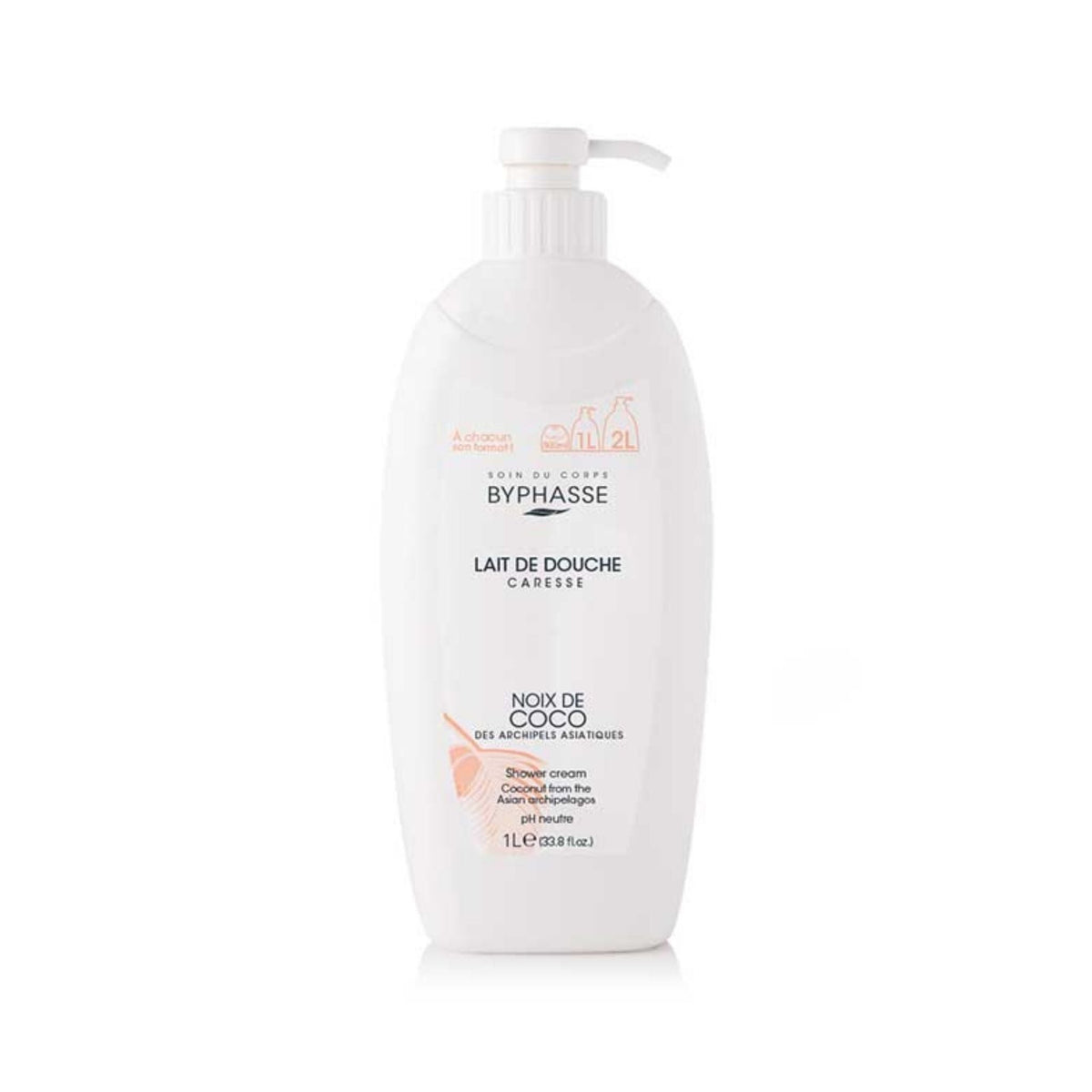 Refect Beauty Byphasse Caresse Coconut Shower Milk in a 1L white pump bottle for gentle skin hydration.