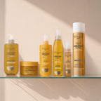 Refect Beauty Byphasse keratin hair care collection featuring shampoo, mask, spray, serum, and hairspray on a shelf.