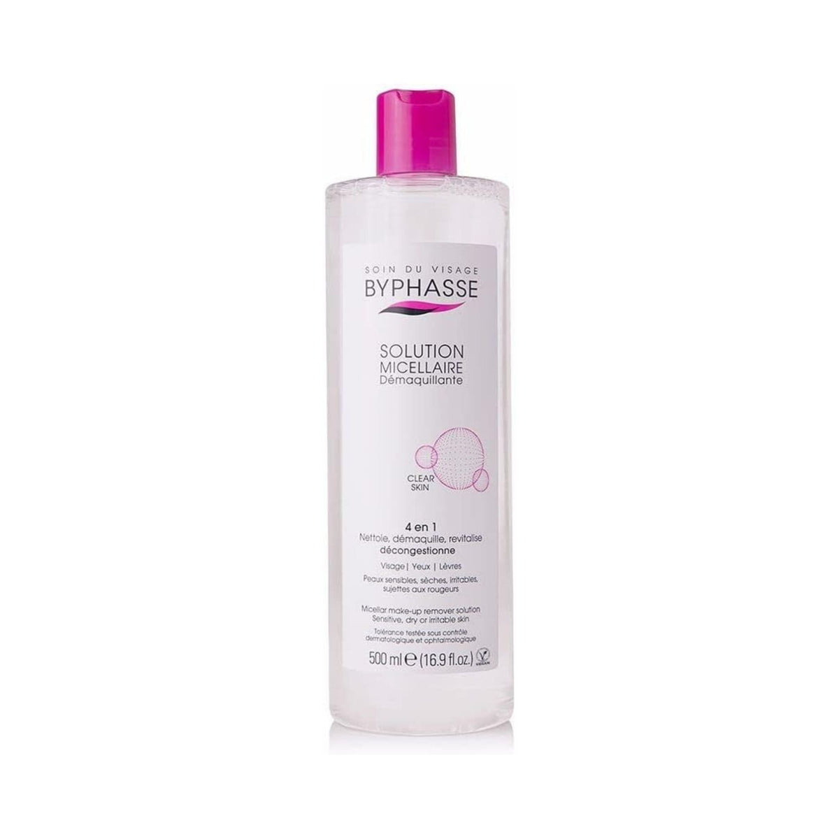 Refect Beauty Byphasse Micellar Make-Up Remover Solution in a 500ml clear bottle with a bright pink cap.