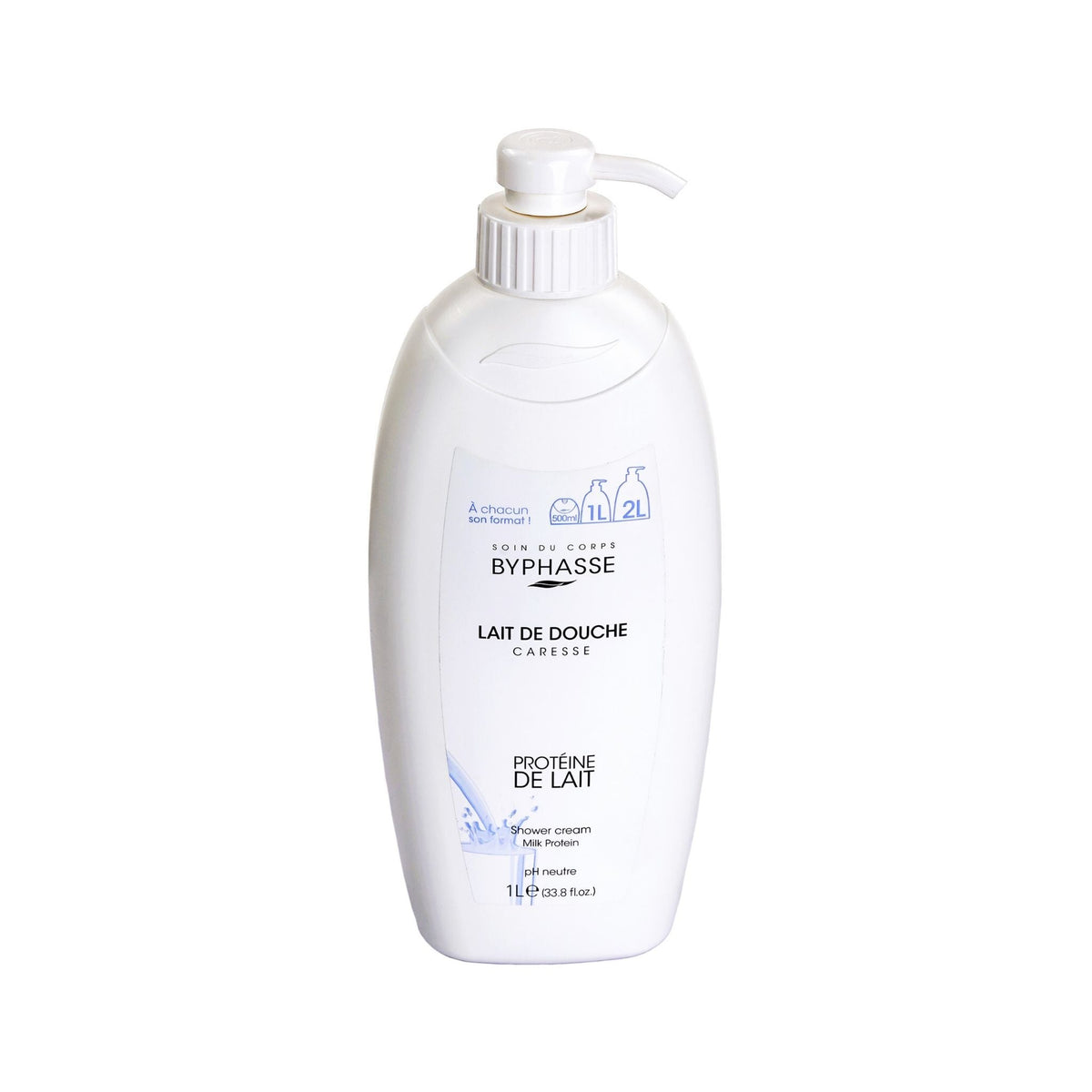 Refect Beauty Byphasse Caresse Milk Protein shower cream in a 1L white pump bottle for gentle skin nourishment.