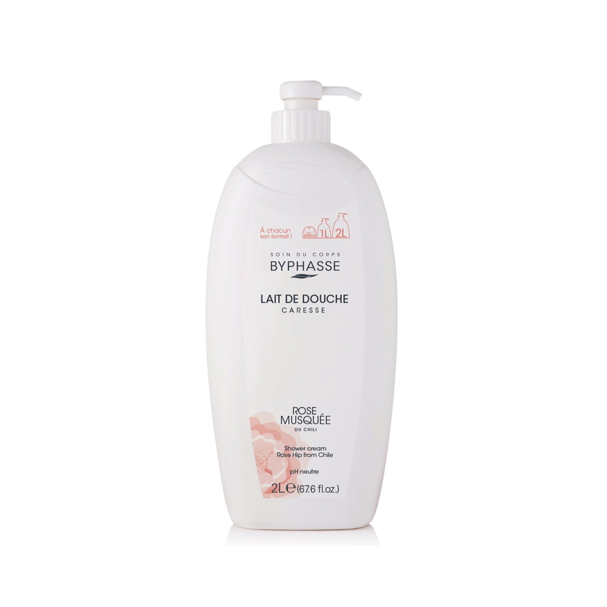 Refect Beauty Byphasse Caresse Rosehip Shower Cream in a large 2L white pump bottle for gentle skin nourishment.