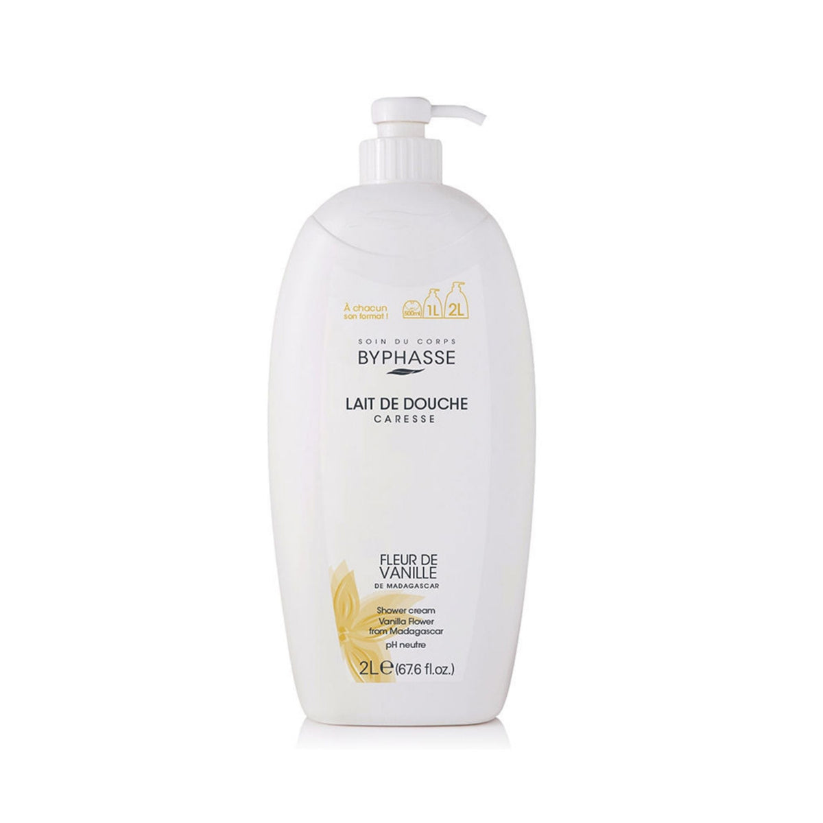 Refect Beauty Byphasse Caresse Vanilla Flower shower gel in a large 2L white pump bottle for gentle body cleansing.
