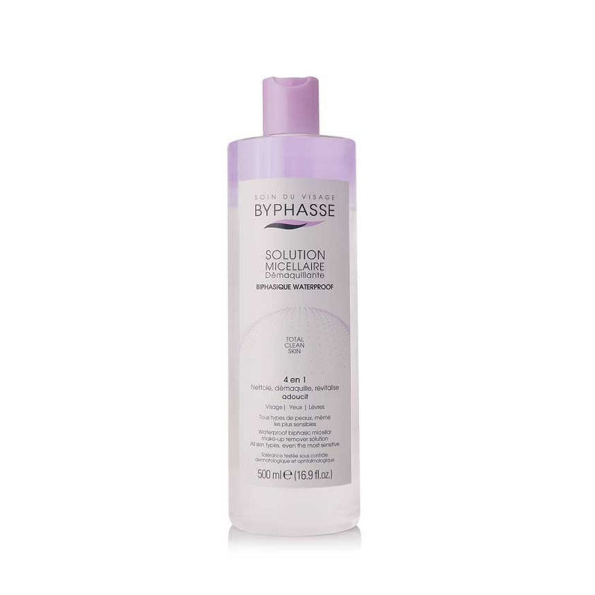 Refect Beauty Byphasse biphasic waterproof micellar makeup remover in a 500ml clear bottle with a purple cap.