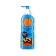 Refect Beauty Cabana Sun after sun lotion in a blue pump bottle with a tropical sunset graphic and aloe vera formula.