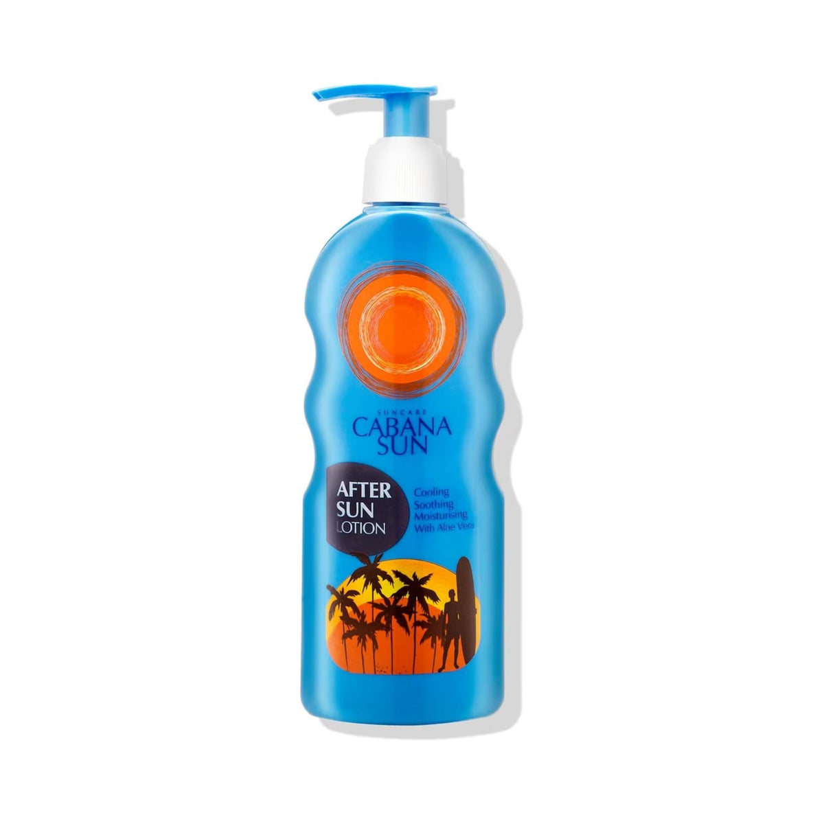Refect Beauty Cabana Sun after sun lotion in a blue pump bottle with a tropical sunset graphic and aloe vera formula.