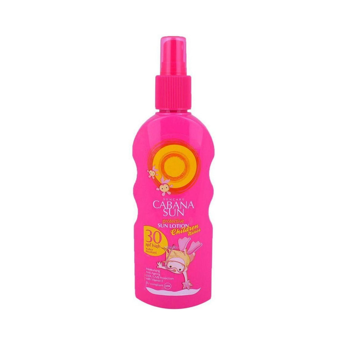 Refect Beauty Cabana Sun SPF 30 protective lotion for children in a bright pink spray bottle for UVA and UVB defense.