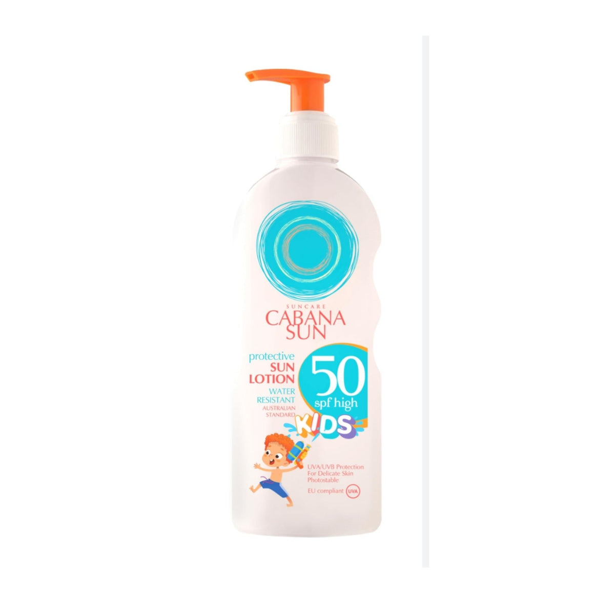 Refect Beauty Cabana Sun SPF 50 protective lotion for kids in a white pump bottle with orange dispenser