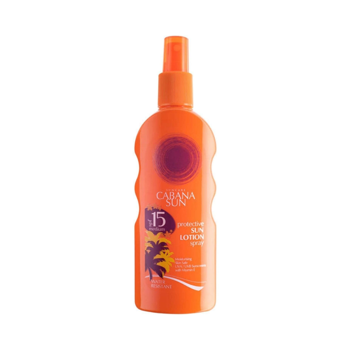 Refect Beauty Cabana Sun SPF 15 protective lotion spray in an orange bottle for UVA and UVB sun protection