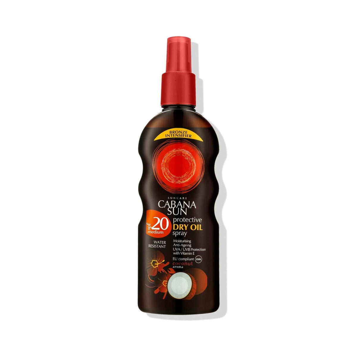 Refect Beauty Cabana Sun SPF 20 protective dry oil spray bottle with a red pump nozzle for easy application.