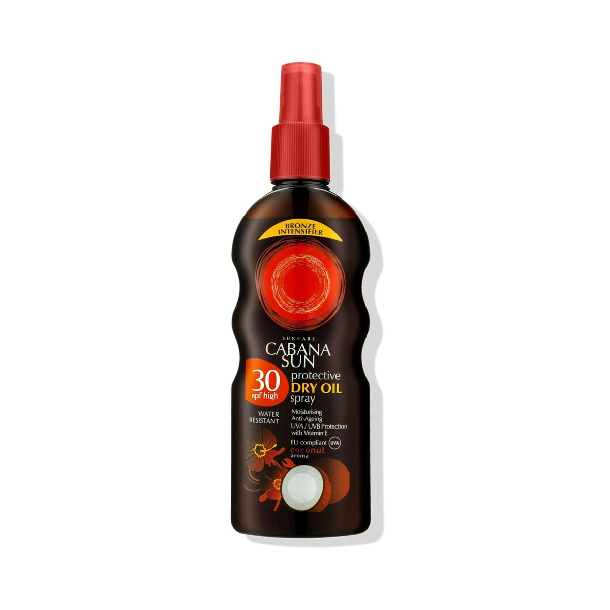 Refect Beauty Cabana Sun SPF 30 protective dry oil spray in a brown bottle with a red cap for UVA and UVB protection.