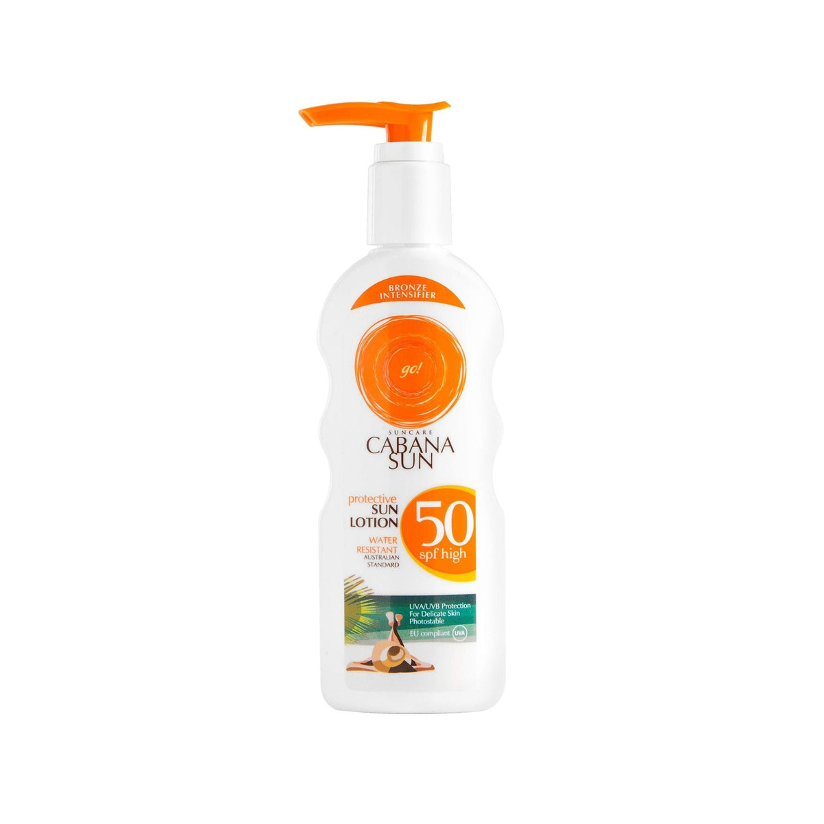 Refect Beauty Cabana Sun SPF 50 protective sunscreen lotion in a white bottle with an orange pump dispenser
