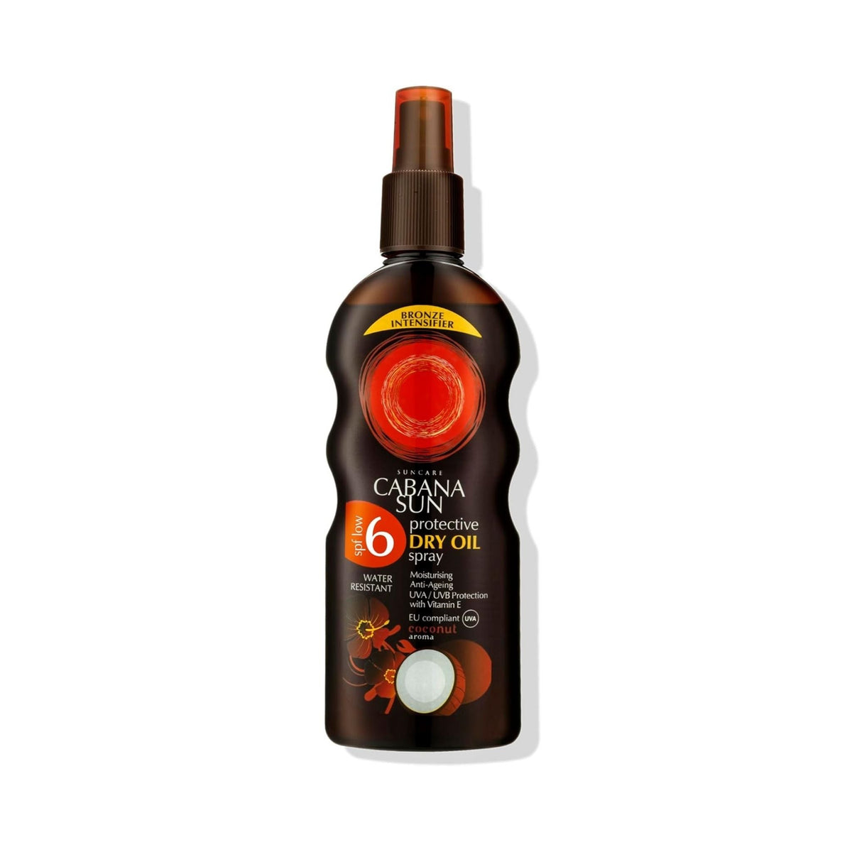 Refect Beauty Cabana Sun SPF 6 protective dry oil tanning spray bottle with coconut aroma and vitamin E