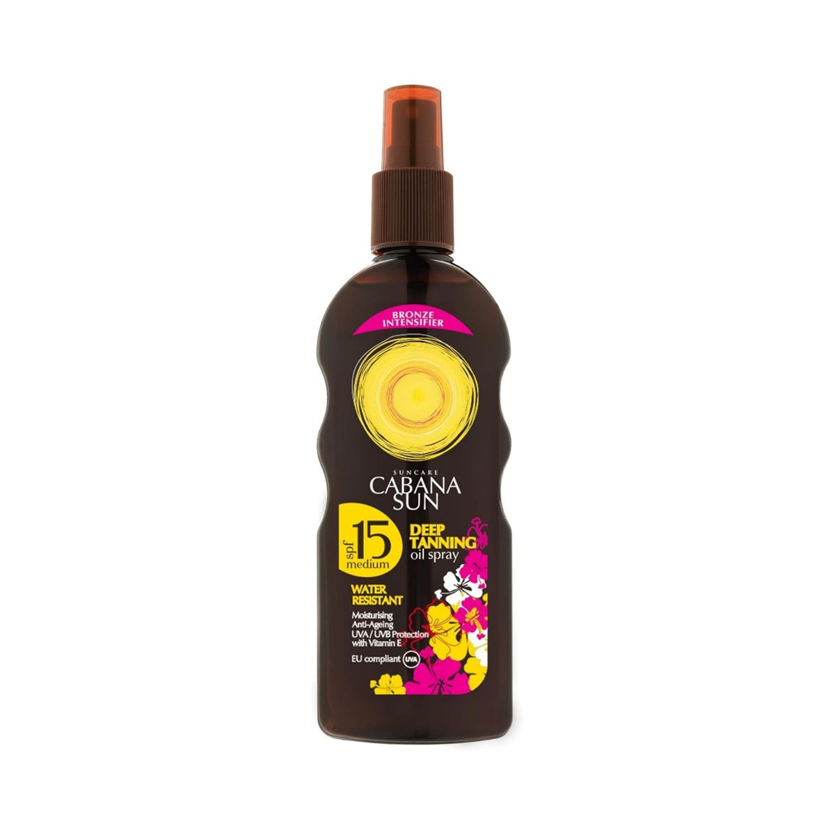 Refect Beauty Cabana Sun SPF 15 deep tanning oil spray bottle with floral label for sun-kissed skin