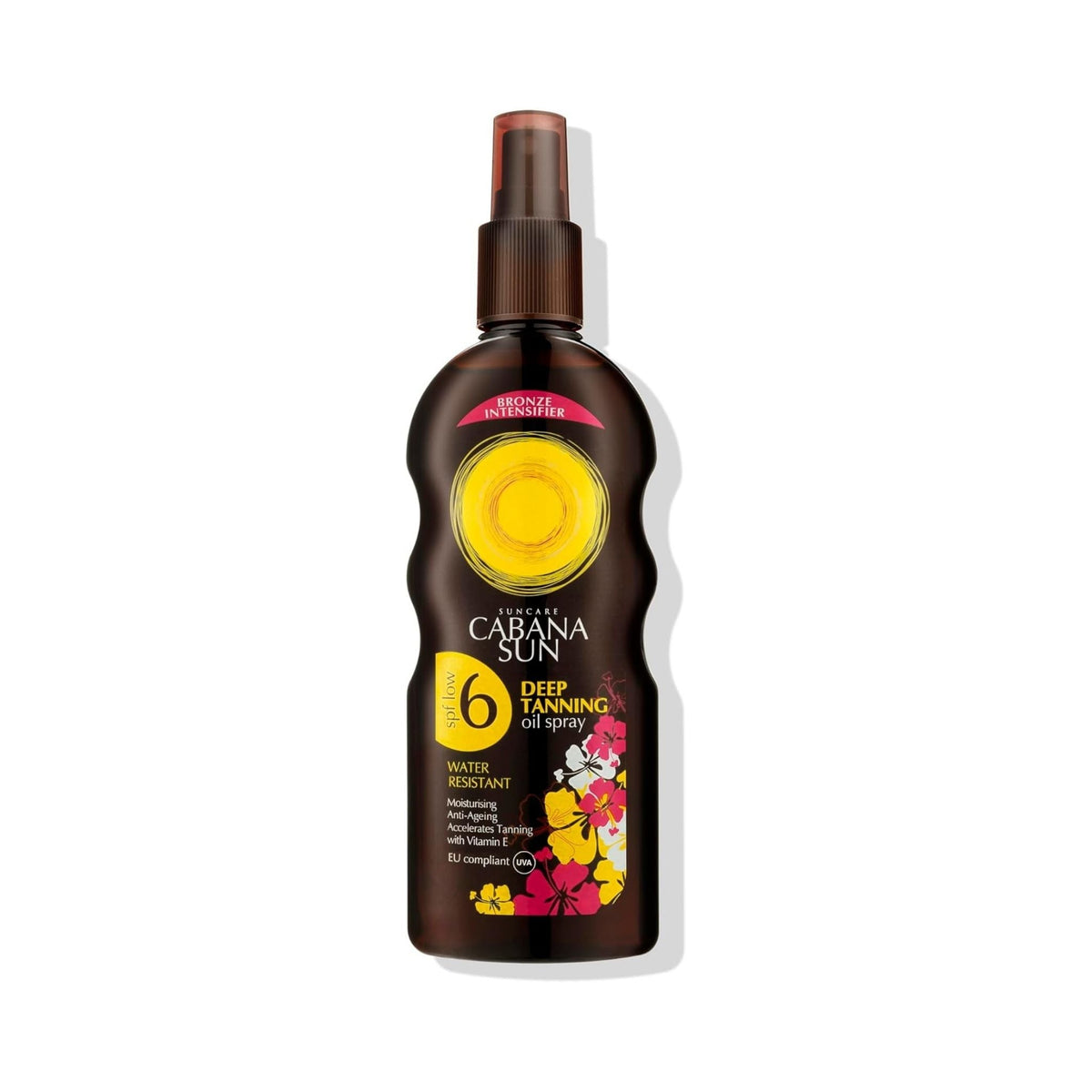 Refect Beauty Cabana Sun SPF 6 deep tanning oil spray in a brown bottle with floral accents for a sun-kissed glow.