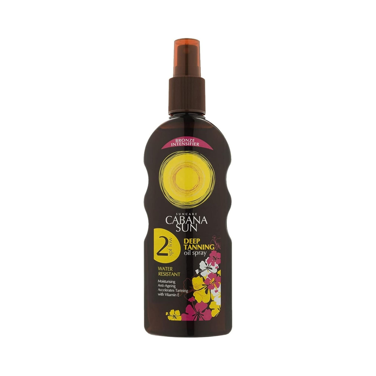 Refect Beauty Cabana Sun Deep Tanning Oil Spray SPF 2 in a brown bottle with floral accents for a sun-kissed tan.