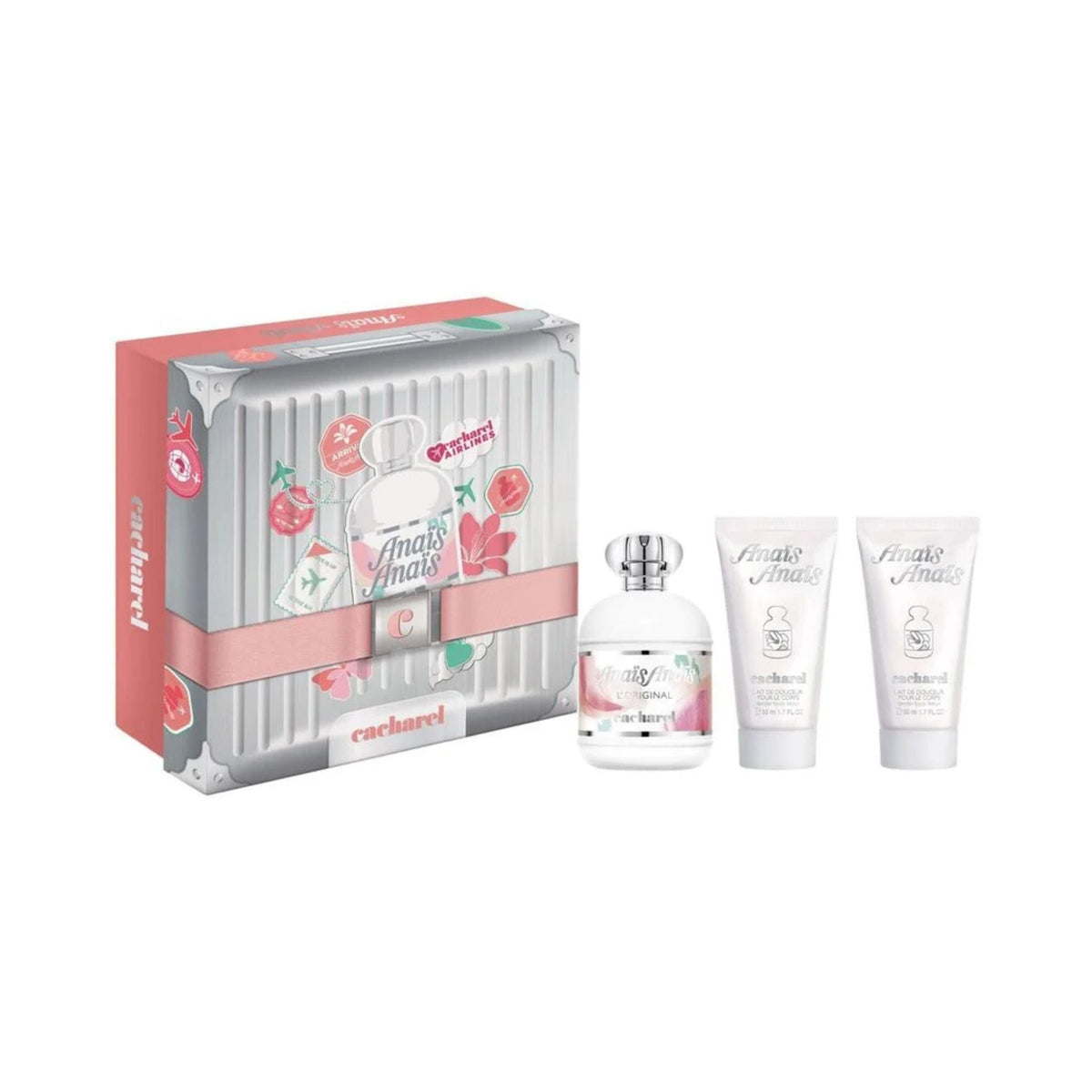 Refect Beauty Cacharel Anais Anais gift set featuring a floral Eau de Toilette perfume and two matching body lotions.