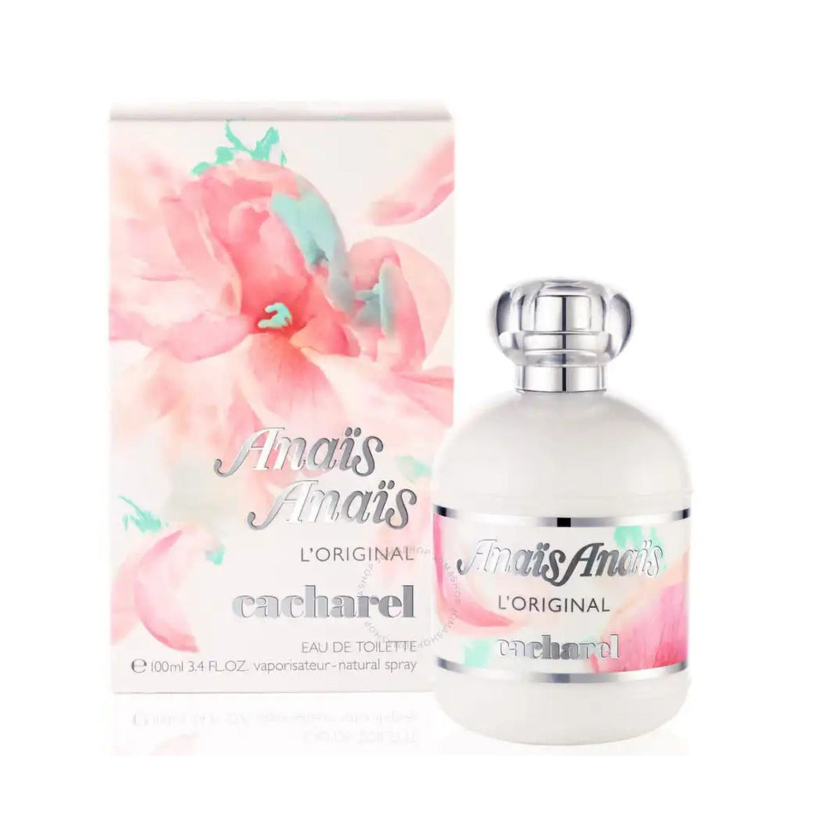 Refect Beauty Cacharel Anais Anais Eau de Parfum bottle and floral packaging featuring a delicate feminine design