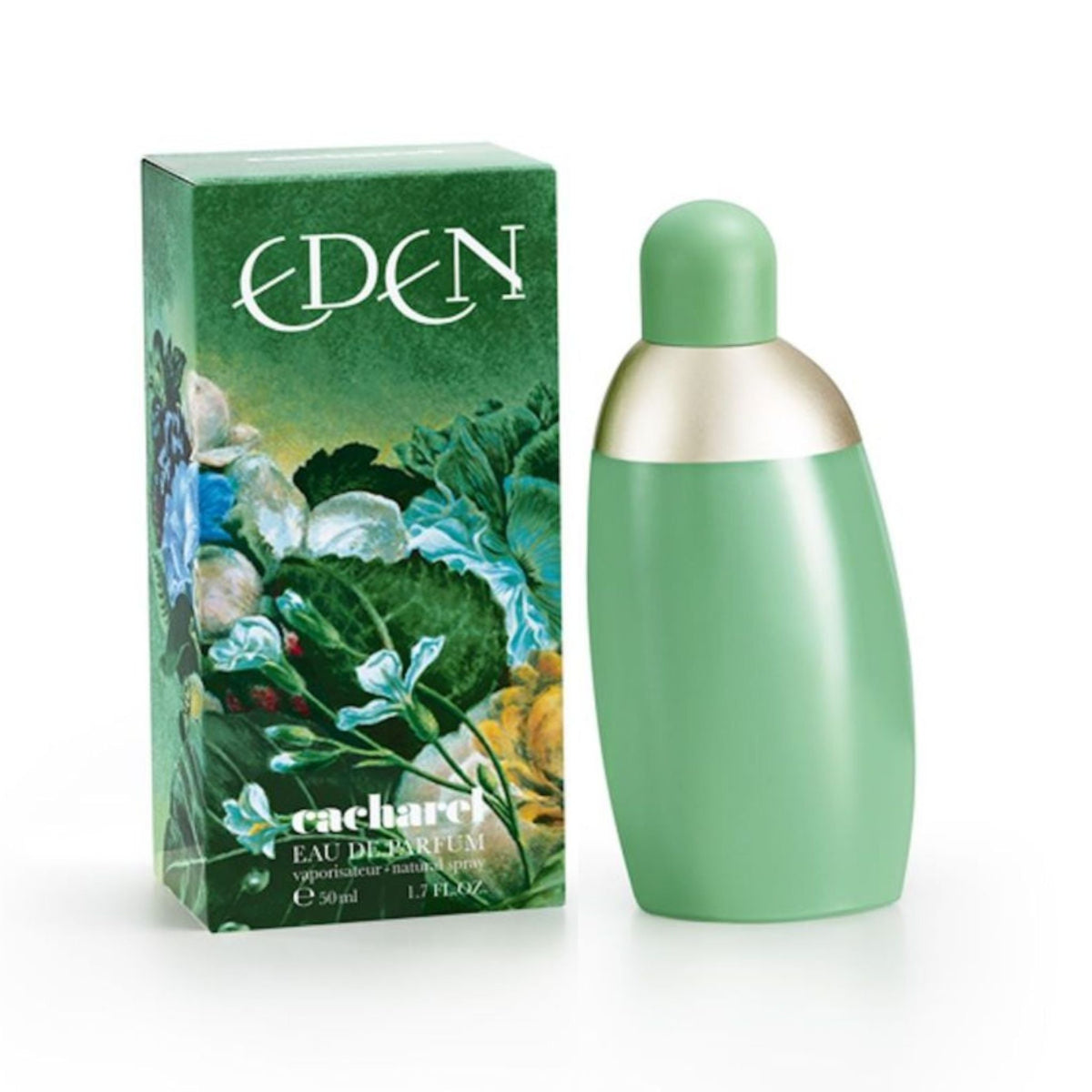 Refect Beauty Cacharel Eden Eau de Parfum bottle and green floral box featuring tropical botanical illustrations.