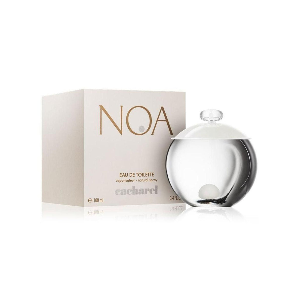 Refect Beauty Cacharel Noa Eau de Toilette perfume bottle and box featuring a spherical glass design with a white pearl.