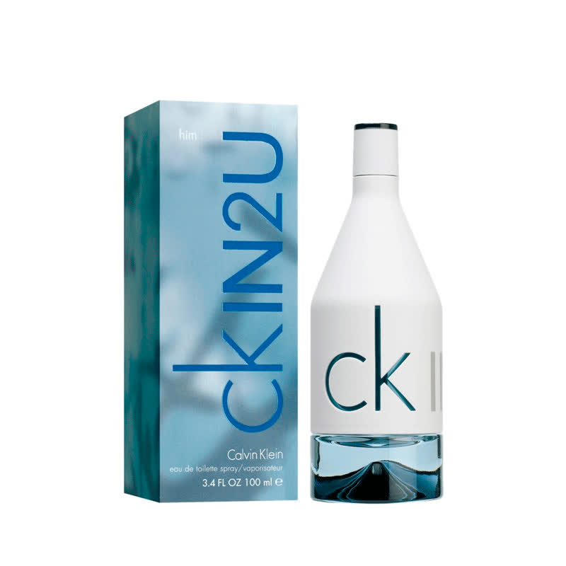 Refect Beauty Calvin Klein CK IN2U for Him eau de toilette spray bottle and blue gradient packaging box
