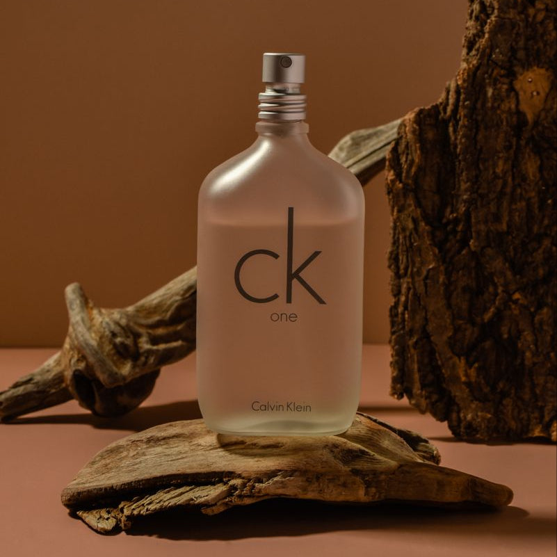 Refect Beauty Calvin Klein CK One unisex eau de toilette in a frosted glass bottle displayed with rustic wood pieces