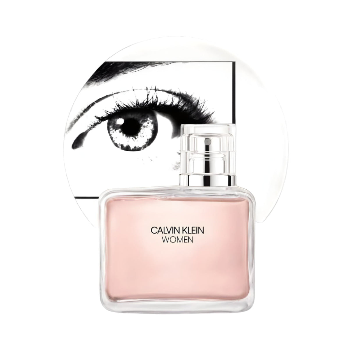 Refect Beauty Calvin Klein CK Women Eau de Parfum bottle with a soft pink liquid and an artistic eye graphic background