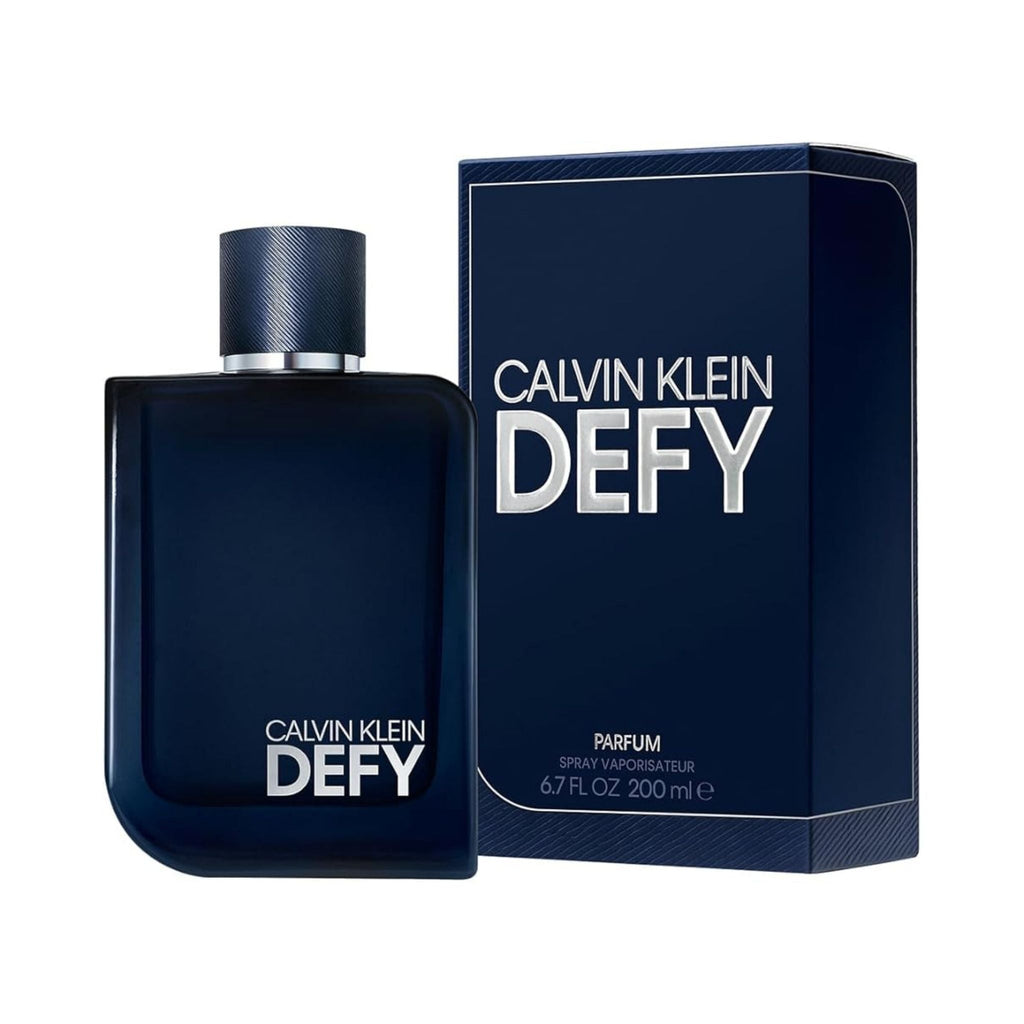 Refect Beauty Calvin Klein Defy Parfum bottle and box featuring a modern dark blue design with silver lettering.