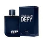 Refect Beauty Calvin Klein Defy Parfum bottle and box featuring a modern dark blue design with silver lettering.