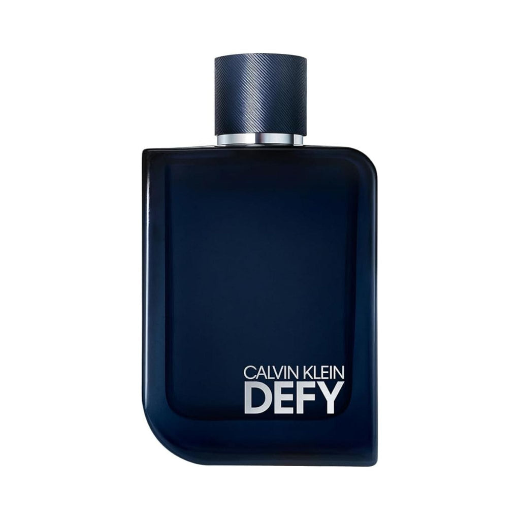 Refect Beauty Calvin Klein Defy Parfum bottle in deep navy glass with a textured dark cap