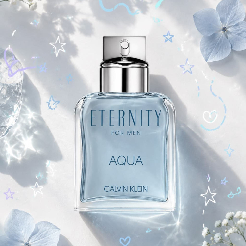 Refect Beauty Calvin Klein Eternity Aqua for Men eau de toilette bottle with light blue liquid on a floral background
