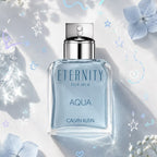 Refect Beauty Calvin Klein Eternity Aqua for Men eau de toilette bottle with light blue liquid on a floral background