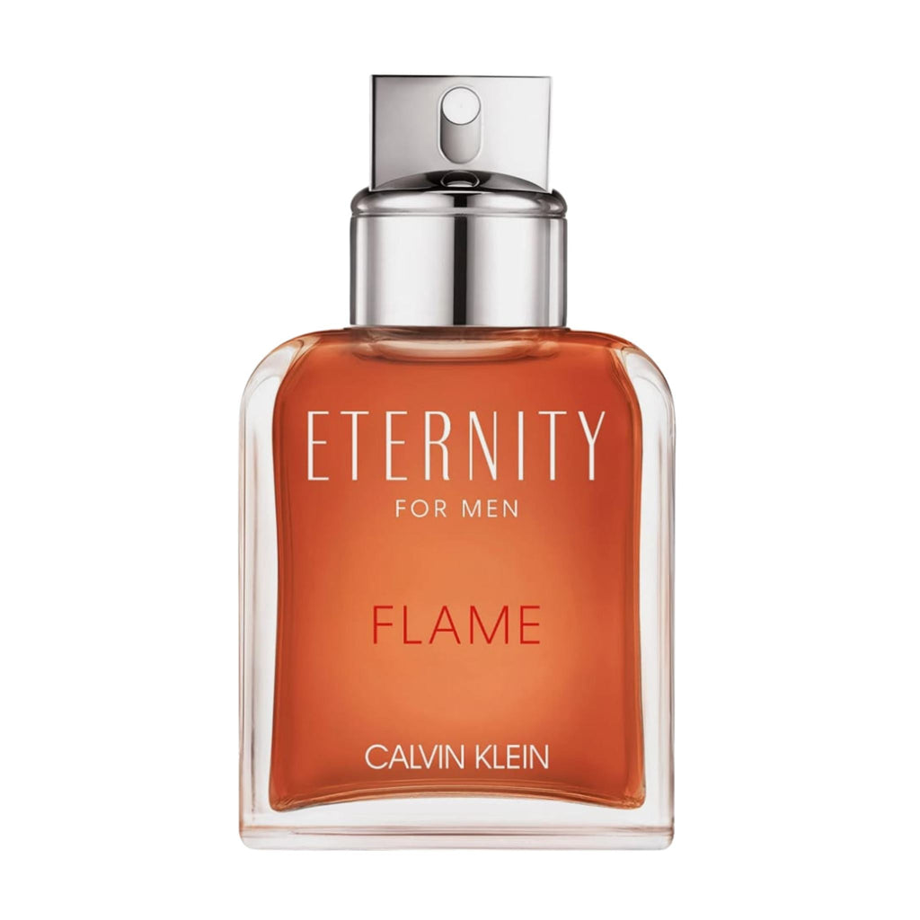 Refect Beauty Calvin Klein Eternity Flame for Men eau de toilette in a rectangular glass bottle with amber liquid.