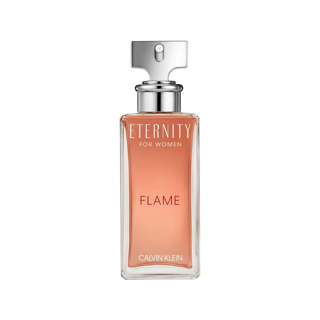 Refect Beauty Calvin Klein Eternity Flame for Women eau de parfum in a rectangular glass bottle with amber liquid.